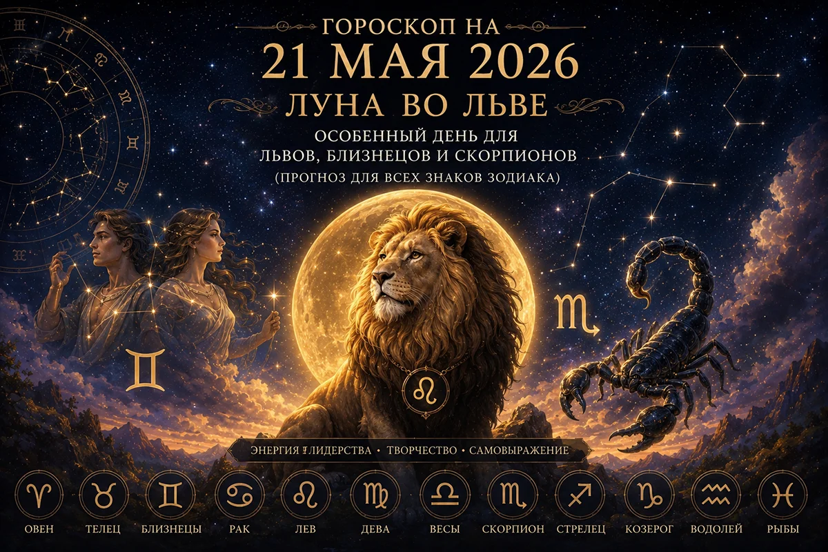 Гороскоп на 21 мая 2026: Луна во Льве — особенный день для Львов, Близнецов и Скорпионов (прогноз для всех знаков зодиака)