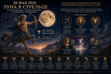 26 мая 2026: Луна в Стрельце — день триумфа для Стрельцов, Львов и Овнов, опасность для Дев и Рыб